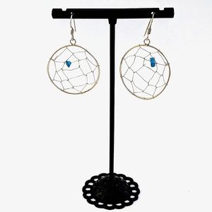Sterling Silver Dream Catcher Drop Earrings — Turquoise Accent — 925